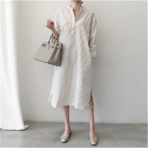 Mi-Longueur Coréen Rayé Stand Solide Mince Irrégulier Mi-mollet Robes Complètes Femmes 210615