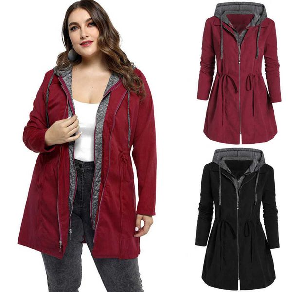 Manteau d'automne et d'hiver mi-long pour femmes avec fermeture à glissière à double rangée faux deux pièces de vêtements surdimensionnés à capuche pour veste en simili cuir femme