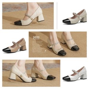 Mid Nude Designer Shoed Talèled Classic Toat Cuir Talon épais talons hauts Cowhide Pildons Round Head Metal Bouton Femmes Vobines Chaussures grandes taille S S