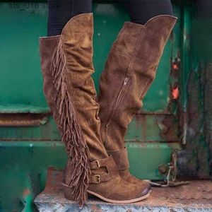 Mid Dridding Bonjomarisa NOUVEAU pour Fringe Woemn Cowboy Chunky Toed Punk Punk Western Brand Boots Woman T B D