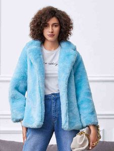 Mi-hiver imitation fourrure femmes bleu taille revers coréen fourrure herbe manteau 211207