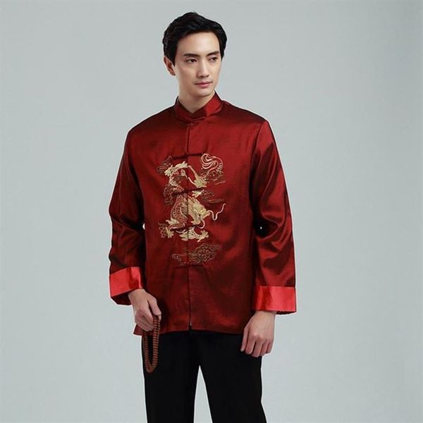 Chaqueta de traje Tang de mediana edad y ancianos Camisa de manga larga para hombres Cheongsam tradicional chino Tops Dragón bordado retro Ethnic268Q