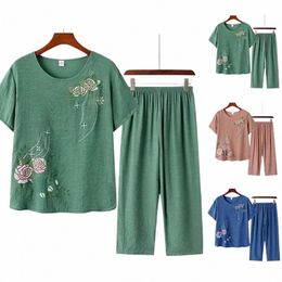 Femmes d'âge moyen et âgées d'été à manches courtes imprimé floral lâche T-shirt en lin Cott haut pantalon à jambes larges 2PCS ensemble costume mère 336O #