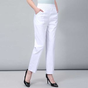 Van middelbare leeftijd en oude vrouwen lente witte broek dunne elastische taille rechte broek moeder enkel-lengte broek plus size 5XL W2102 x0629