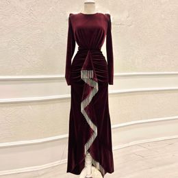 Moyen-Orient arabe robes De bal pour les femmes velours pli à manches longues robes De soirée formelles gland avant fendu Robe De soirée
