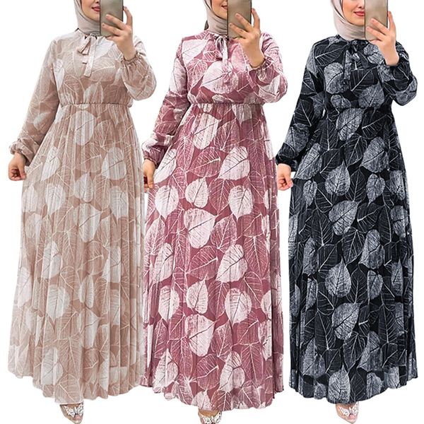Moyen-Orient Dubaï Femmes Nouvelle Feuille Impression Plissée Robe Musulmane À La Mode Élégante Manches Longues Robes Longues Turques Robes musulmanes