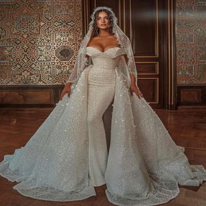 Moyen-Orient élégant étincelant plus taille de sirène robe de mariée de sirène paillettes sur les écarts de mariée sur l'épaule robe de mariée détachable 314m