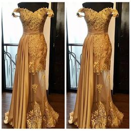 GOUD MIDDEN GOUD GOUD TROEMEN OFF SHOULDERS LAAT APPLIKES kralen Mermaid Tule Peplum Plus Size Dubai Avondjurk Draag Partyjurken