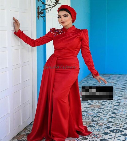 Robe de soirée musulmane rouge du Moyen-Orient avec strass élégante sirène à manches longues robes de bal arabes avec train robe de soirée formelle Abayas Robe fantaisie Mariage 2024