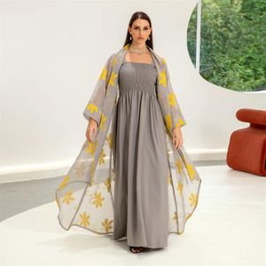 Midden-oosten vrouwen gaas moslim jurk uit één stuk tweedelige grijze jarretel insnoering ambacht Dubai feestjurk AB246