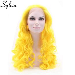Perruque Lace Front Wig synthétique jaune sans colle, perruque longue résistante à la chaleur avec raie centrale, perruque Body Wave de densité 180% pour femmes noires