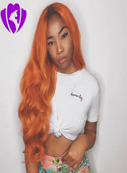 Perruque Lace Front Wig synthétique Body Wave longue avec raie centrale, perruque Lace Front Wig Orange ombré pour femmes Costume 9546590