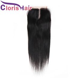 Middle Deel Raw Virgin Indian Menselijk Haar sluiting Halve Hand Gebonden 4x4 Zijde Rechte Lichaam Diepe Golf Zwitserse Kant Top Closures Stuk Natural Hairline