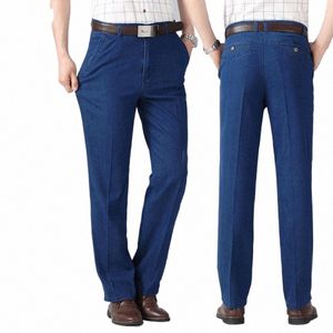 Jeans pour hommes d'âge moyen Été Slim Editi Lg Pantalon taille haute élastique Pantalon droit ample Homme polyvalent Stretch Jeans y65V #