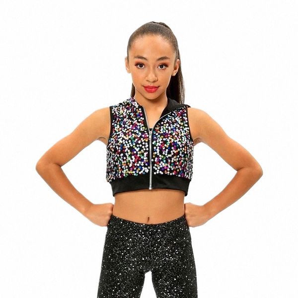 Midee Hip-Hop Tops Manteau Garçons et Filles Coloré Sequin Sleevel Outfit Court Jazz Cool Girls Stage Performance Dance Costume V9Nj #