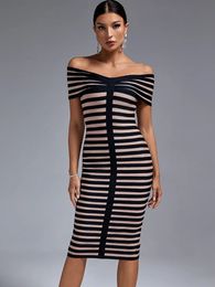 MIDI Bandage Dress Women Off Shoulder Party Bodycon Elegant Striped Sexy Birthday Outfits Summer Runway 240410