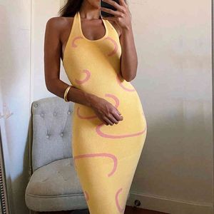 Midi Bandage Dress Femmes Sexy Bodycon Party Robes Dos Nu Manches Halter Neck Off Épaule Imprimer Y2k Femmes Robe Tricotée 210422