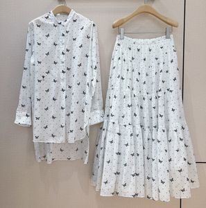 Chemise à manches longues en coton blanc imprimé papillon et jupe longue trapèze, marque de mode européenne