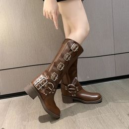 566 Woman High Knie Boots Platfrom bezaaid Spring Summer Knight Combat Gothic Elegant Medium Heel Women's Shoes Motorcycle Footwear 231124