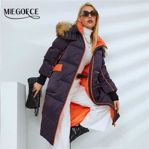Miegofce herfst winter vrouwen lange jas kap met fur parka fancy ontwerpzakken zippers jas vrouwelijke bovenkleding d21518 211120