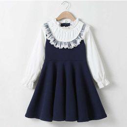 Miembro Schoolkleding Nieuwe Meisjes Kleding Jurk Baby Casual Jurk Kinderen Patchwork Fall Kleding Kinderen Lange Mouw Jurk Blauw Wit Q0716