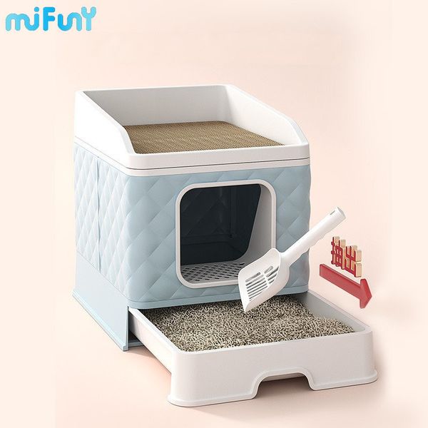 Mifuny pliable Cat Box avec planche à gratter des toilettes de chats fermés avec des produits de nettoyage pour animaux de compagnie de scoop de nid supérieur