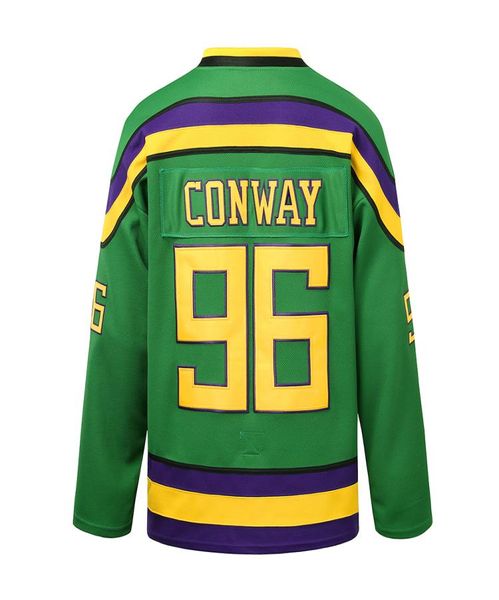 Mighty Ducks Hockey Film Throwback Jersey 96 Conway Sweatshirts vert blanc personnalisé Sports extérieur multicolore rapide brodé pu6433240
