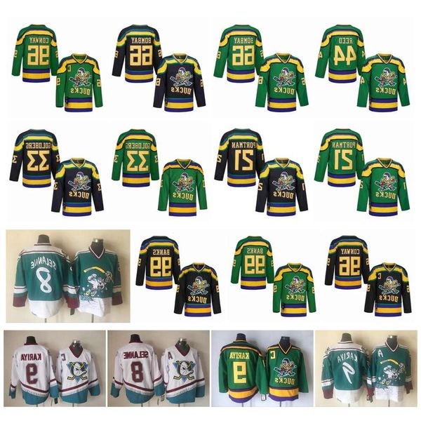 Maillots de hockey du film Mighty Ducks 66 Gordon Bombay 96 Charlie Conway 99 Adam Banks 44 Fulton Reed 21 Dean Portman 8 Teemu Selanne 9 Paul Kar 74