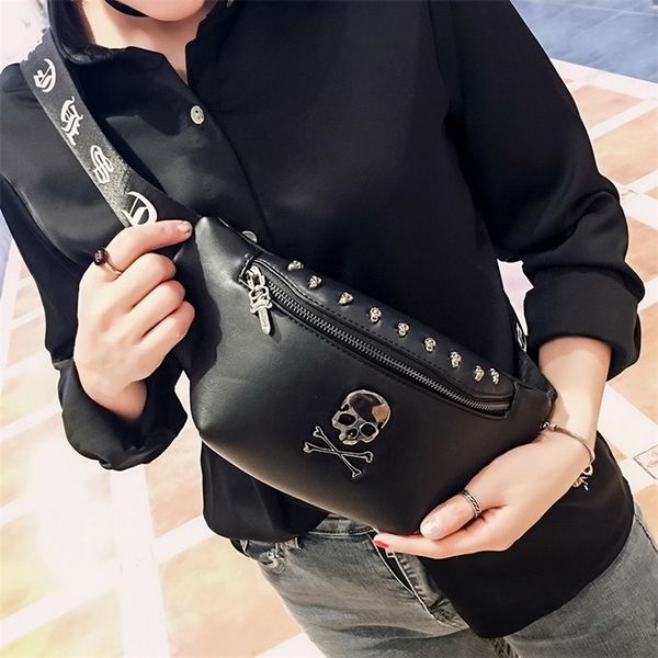 Mihaivin Rock Skull unisexe ceinture sac Rivet poitrine luxe taille femmes banane Punk noir Fanny Pack cuir hommes Bum s 220222