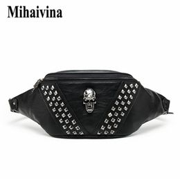 Mihaivina punk rivet crâne hommes sac de taille femme femme noire paquet en cuir s coffre femme épaule messager bum s 220216251r