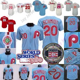 Mike Schmidt Jersey 1980 WS Baseball Hall Of Fame Patch Witte Krijtstreep Blauw Grijze Pullover Button All Stitched