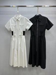 Milan – robe longue à col à revers, manches courtes, noir/blanc, ruban Slim, robes De vacances, 2024, 22905