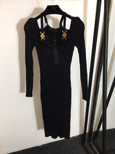 Milan Runway Dress 2024 Sexy Noir Moulante Femmes Robe Designer Métal Bretelles Spaghetti Tricot Creux Out Robes De Soirée 22603