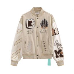 Milan XFFWHite Joint Logo Men's and Dames World Cup Star Baseball Jacket Autumn and Winter Off Brand Parp Ow Heavy Industry geborduurd wollen paneel leer