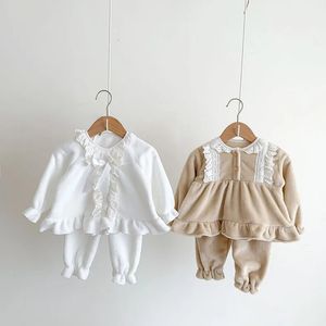 MILANCEL Baby Flanel Pyjama Set Kant Strik Meisjes Nachtkleding Peuters Dikke Homewear 2 Stuks 240313