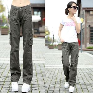 Wholesale Military 100% Cotton Cargo Pants with Pockets Women Loose Camouflage Straight Trousers Females Summer Casual Baggy Sweatpants Ladies Black Gray Khaki