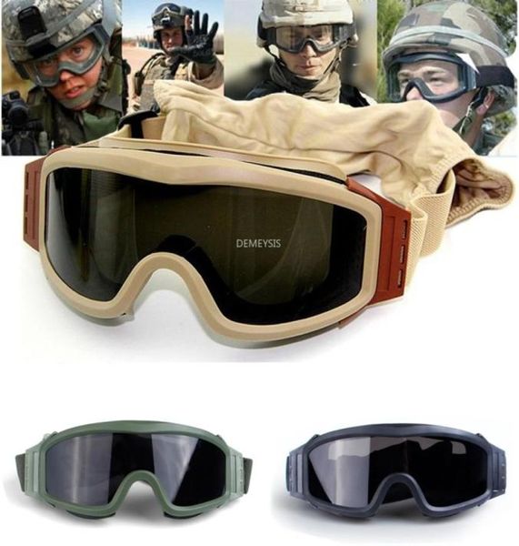 Lunettes de tir tactiques militaires Airsoft moto coupe-vent Paintball CS Wargame lunettes 3 lentilles noir Tan vert80433494909991
