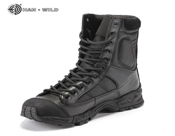 Bottes militaires militaires en cuir noir pour hommes, chaussures de travail de Combat dans le désert, botte tactique d'hiver à la cheville, grande taille 2108302768920