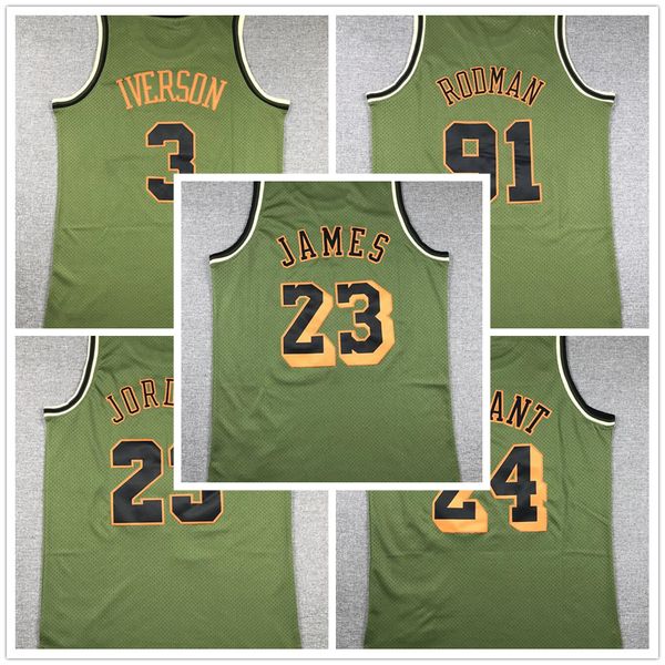 Maillots de basket-ball en maille de style rétro vert armée militaire 23 Michael Dennis 91 Rodman Allen 3 Iverson LeBron 23 James Bryant cousus pour hommes entièrement brodés