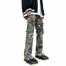 Pantalons de camouflage de conception militaire pour hommes Pantalons de poches latérales peints à la main endommagés Jeans Baggy pour hommes Y2K 30Rf #