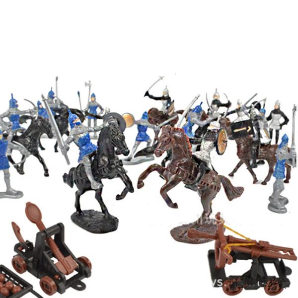 Figuras militares 28 unids/set Guerra militar medieval guerreros de color Caballería antigua batalla corcel carro estático Figuras militares Modelo Regalo para niños 231127