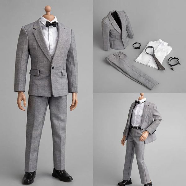 Figurines militaires ZY5038 1/6 pour homme, modèle de costume gris, chemise, pantalon avec cravate, ensemble de vêtements, chaussures en cuir, accessoire creux pour figurine de soldat de 12 pouces, 231009