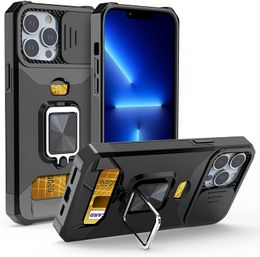 Militaire kwaliteit kaartsleuf portemonnee hoesjes schokbestendig ringstandaard dia camerahoes voor iPhone 15 14 13 12 11 Pro Max XR XS 8 Plus Samsung S21 FE S22 Ultra A12 A22 A32 A52 A72