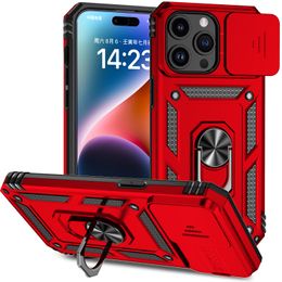 Militaire kwaliteit Robuuste zware koffers Slide Camera Ring Stand voor iPhone 15 14 13 12 11 Pro Max Samsung S23 Ultra A14 A24 A34 A54 A04S A04 A13 A33 A53 RedMi 12C 11A