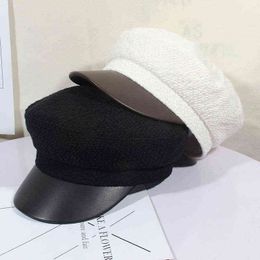 Chapeau militaire Casquettes Béret Chapeaux D'hiver Pour Femmes Hommes Pu Cuir Bord Laine Bonnet Tricoté Noir Os Femme Vintage Gorra militar J220722