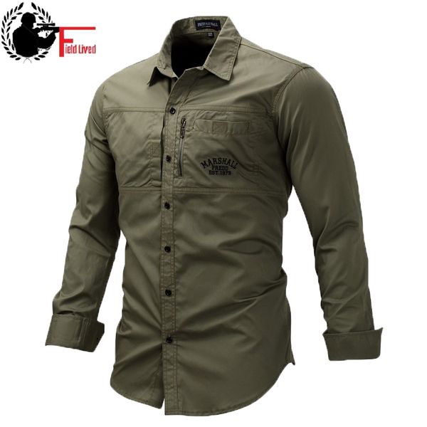 Camisa militar para hombre uniforme militar americano camisa del ejército de manga larga con botón de cuello camisa de vestir para hombre Tops verde azul caqui 210518