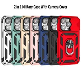 Estuches militares para teléfonos a prueba de golpes para iPhone 14 13 12 11 Pro Max XR XS 7G 8 Plus S21 S22 Note 20 Ultra A53 A33 Redmi Note 11pro Protección de cámara TPU PC 2 en 1 Estuche con soporte de metal