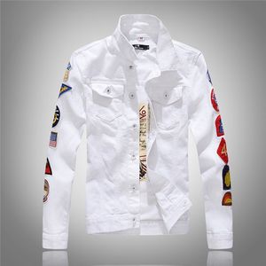 Style militaire hommes veste en Jean Badges nouveaux hommes vestes en Jean blanc avec poches à rabat livraison gratuite