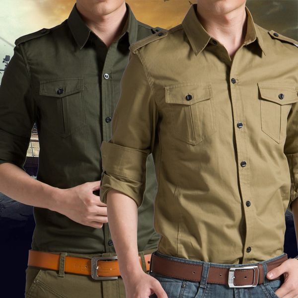 Chemise de travail à manches longues pour hommes de style militaire, chemise de travail ajustée, insigne d'épaule à sangle respirante en pur coton, chemise multi-sacs