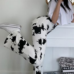 Pantalones de chándal de punto con estampado de vaca de leche Pantalones Y2k para mujer Moda Tie Dye Casual Pantalón de cintura alta Mujer Streetwear 210510